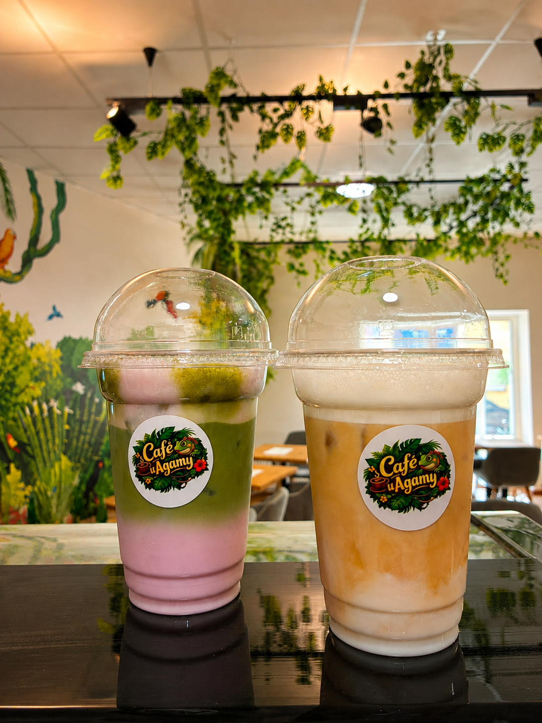 Ledová matcha a ledová káva v kelímcích s logem Café u Agamy