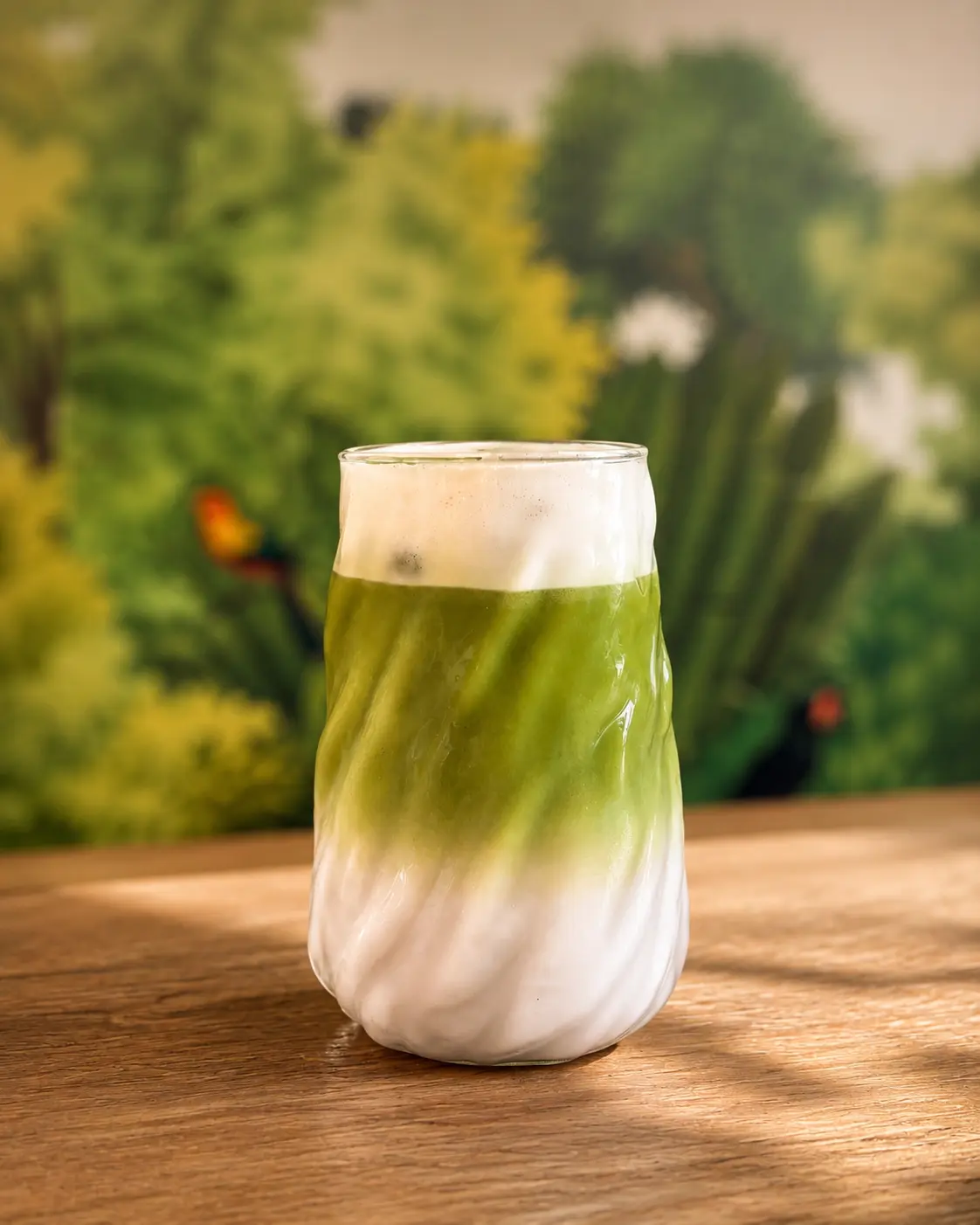 Ledová matcha latte ve skleničce na dřevěném stole