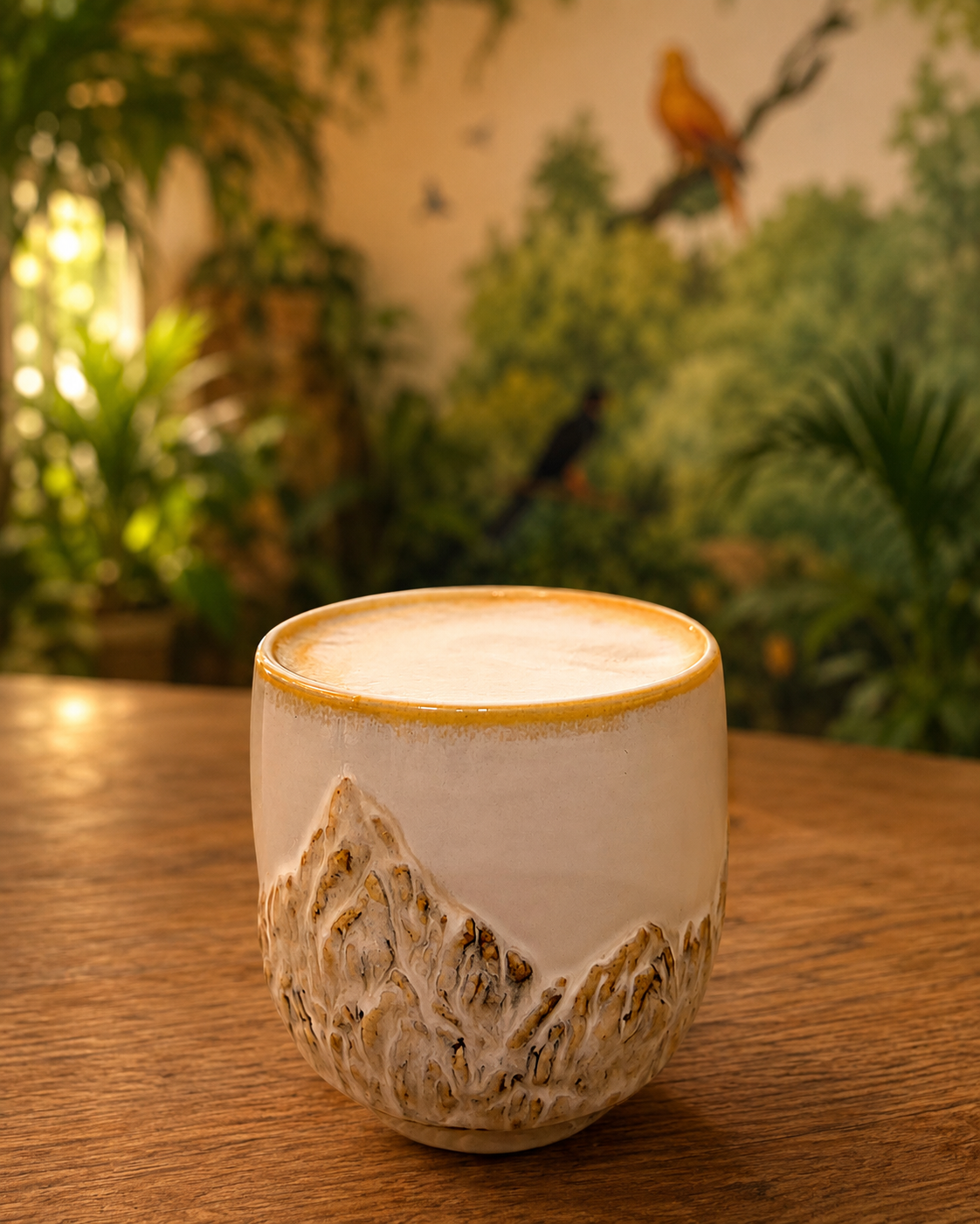 Latte v keramickém hrnku na dřevěném stole
